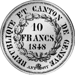 1848 Silber Münze 10 Franken Stück Genf