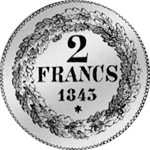 1843 Rückseite Münze Silber 2 Franken
